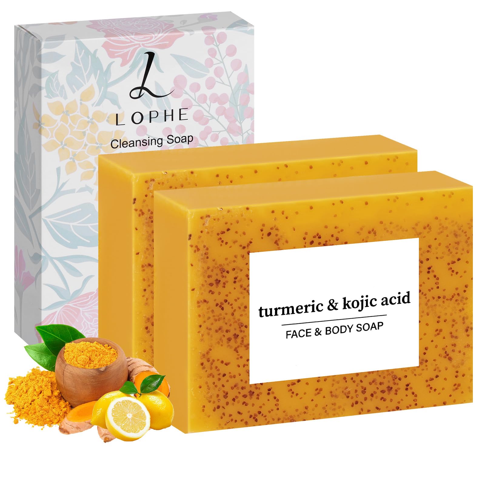 LOPHE Kojisäure-Seife, 2er Kurkuma Seifenstück für Männer und Frauen, sanfte Hautreinigung mit Vitamin C und natürlichen