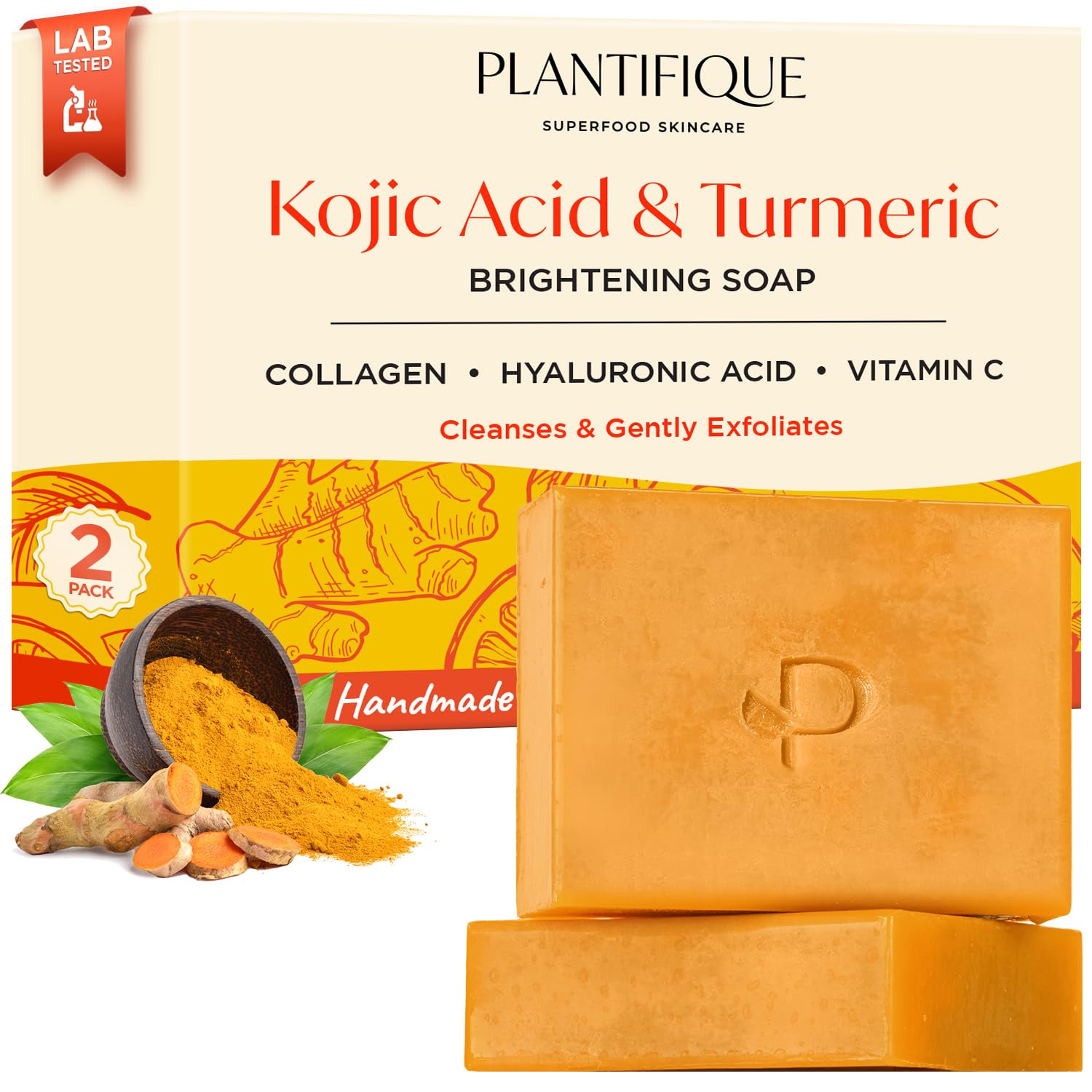 PLANTIFIQUE Kojic Acid Soap - Koisäure und Kurkuma Seife für Hyperpigmentierung - 160g - mit Hyaluronsäure, Kollagen und